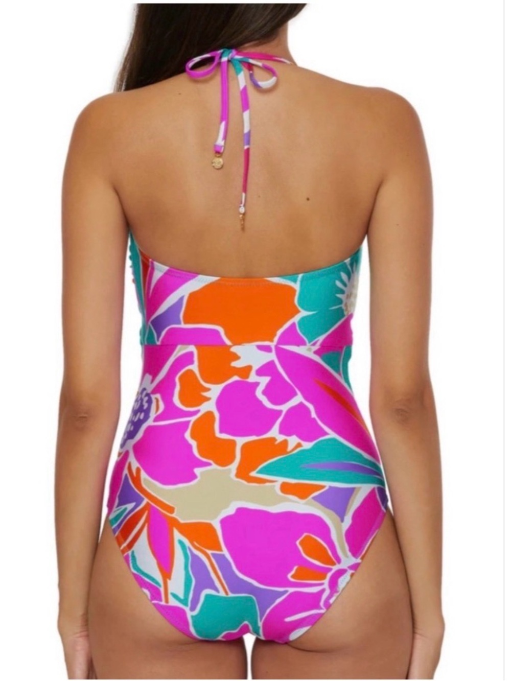 Trina Turk Floral Halter One-Piece Swimsuit in Pink Teal Orange - Picture 13 of 16